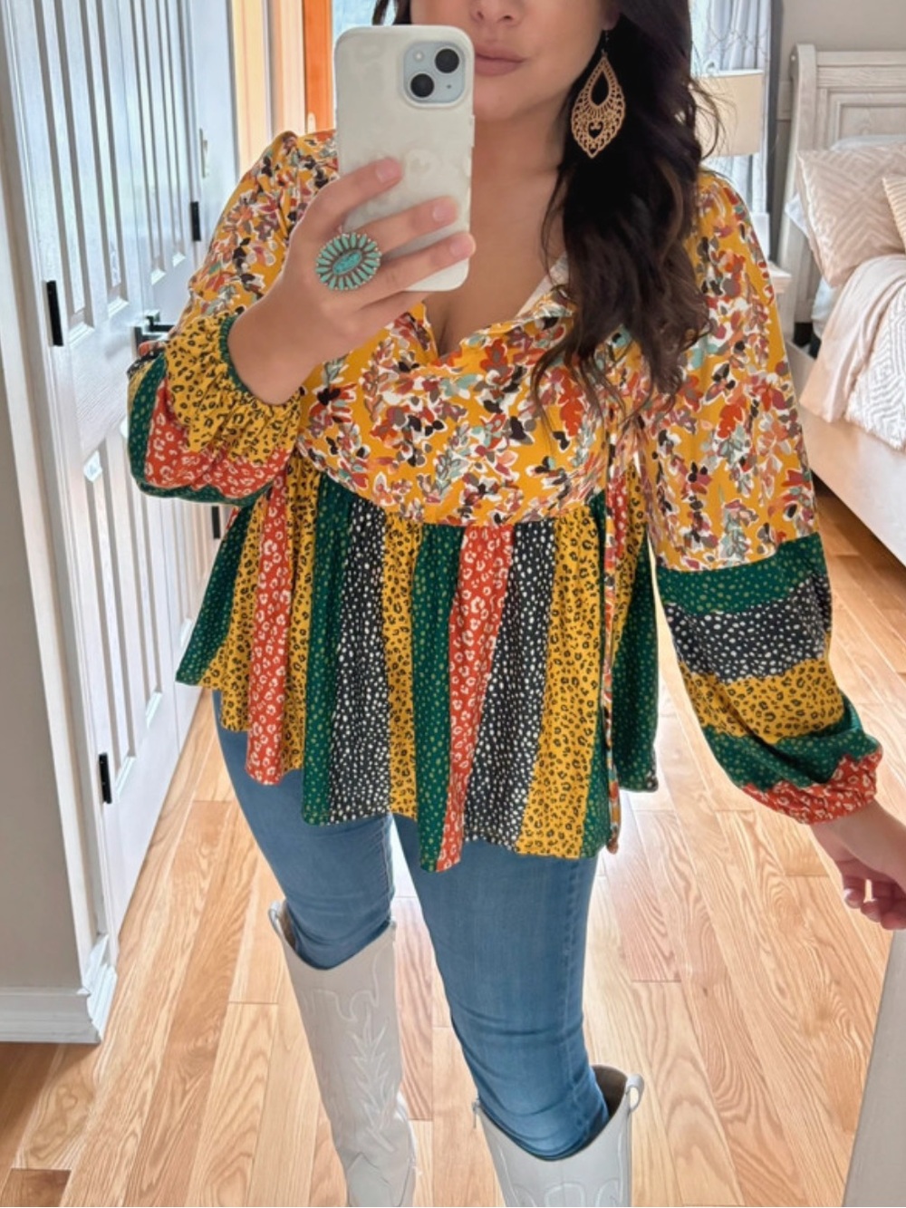 Haptics patchwork boho fall top